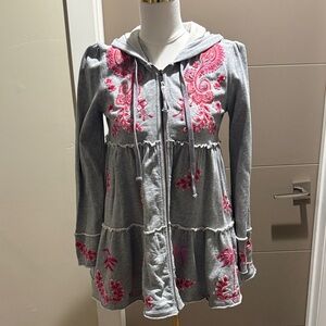 Johnny Was Gray and Pink Embroidered Hoodie